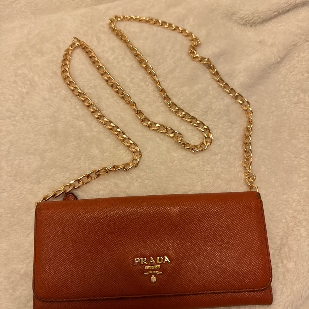 Prada Tan Leather Wallet with Gold Chain